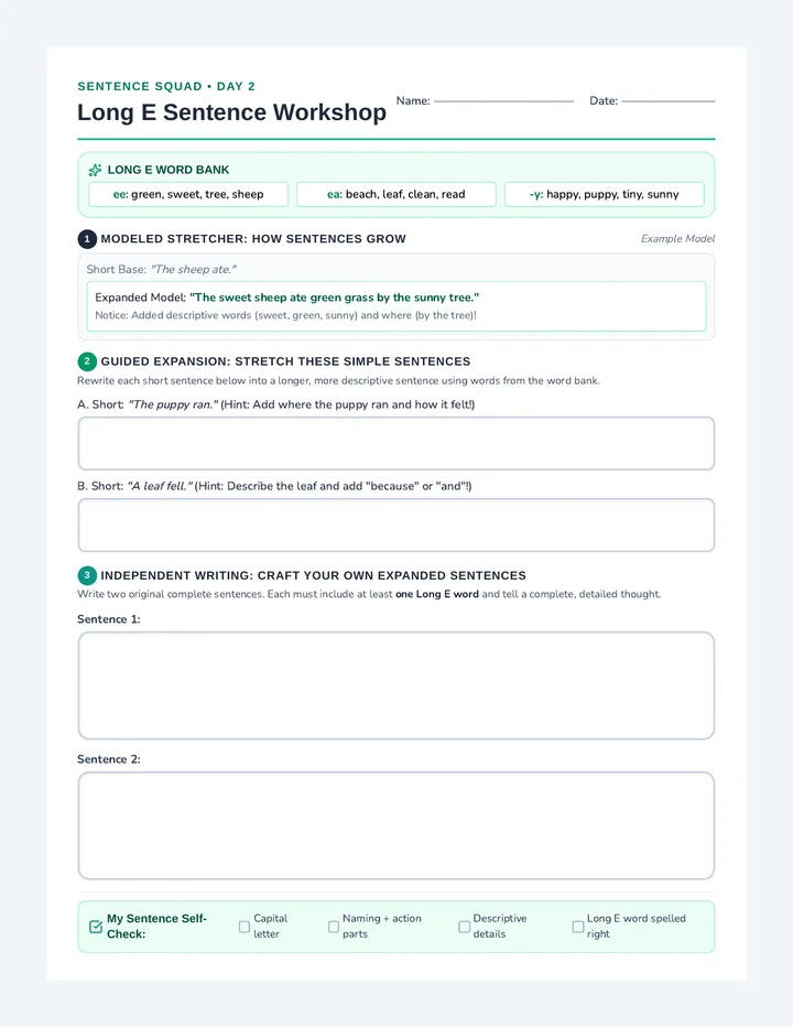 Long E Sentence Worksheet