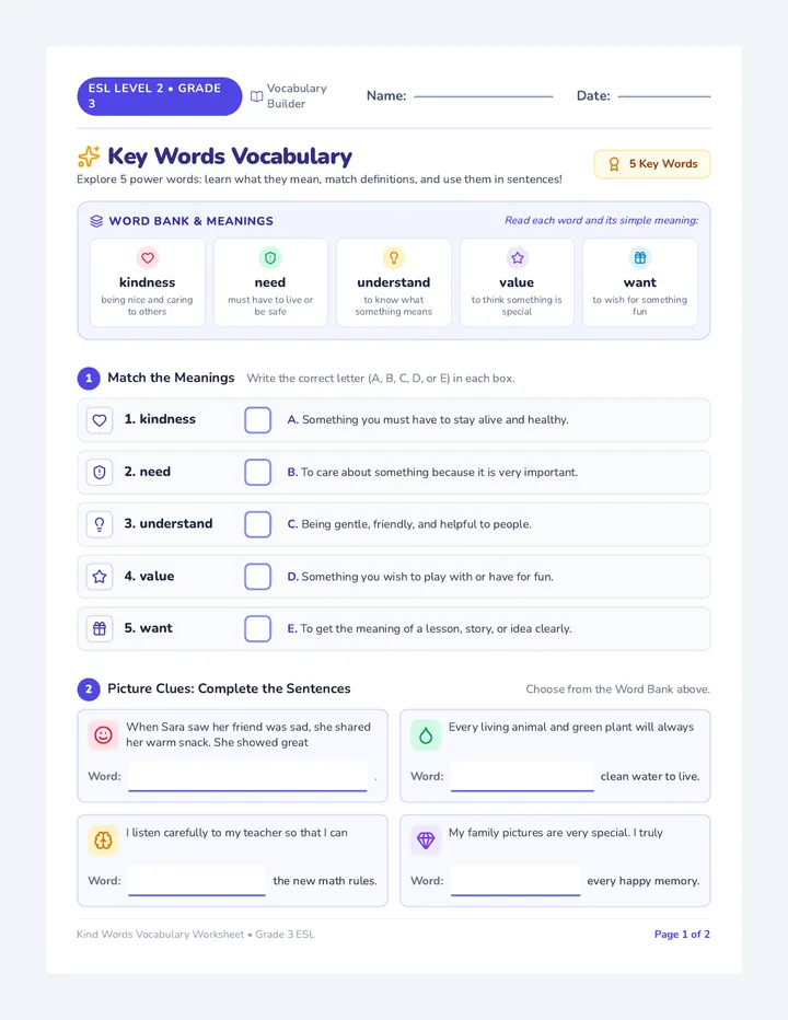Kind Words Vocabulary Worksheet