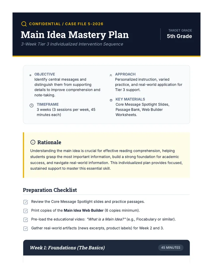 Main Idea Mastery Plan Teacher Guide