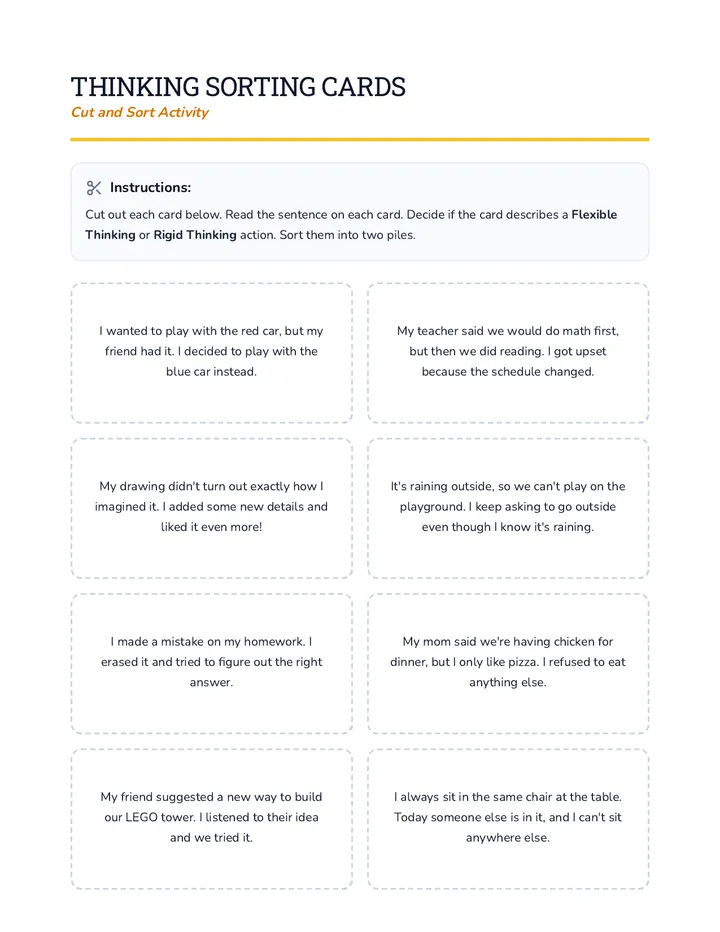 Flexible vs. Rigid Thinking Sorting Cards Worksheet