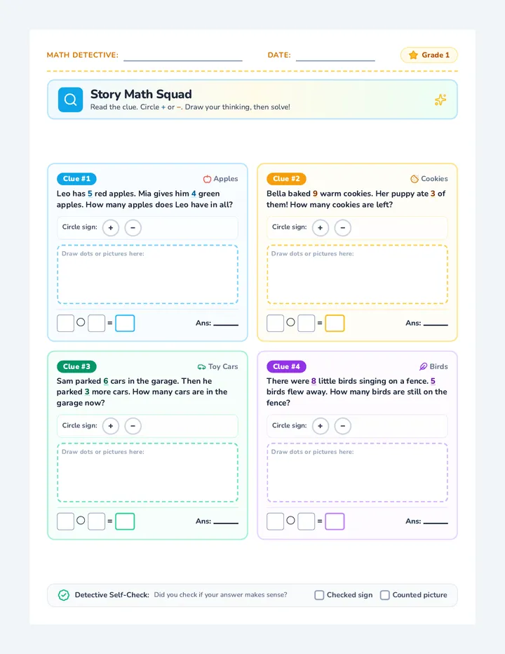 Story Math Squad Worksheet