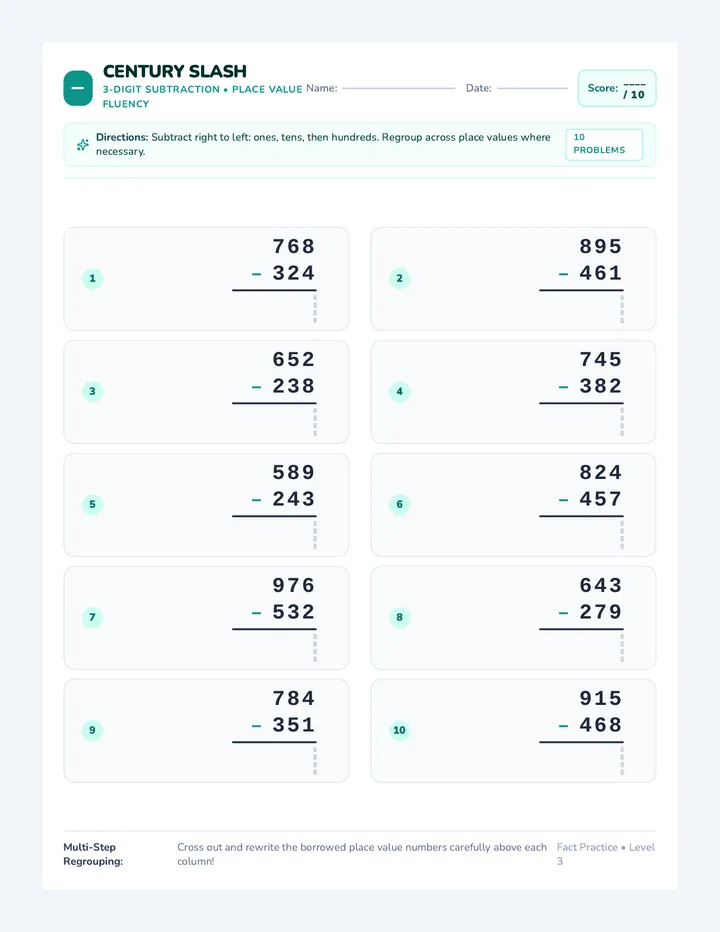 Century Slash Subtraction Worksheet