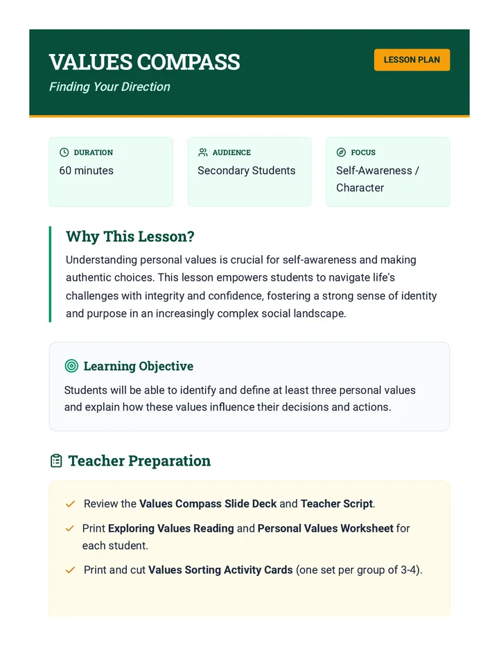 Values Compass Lesson Plan