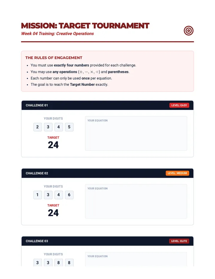 Target Number Tournament Worksheet