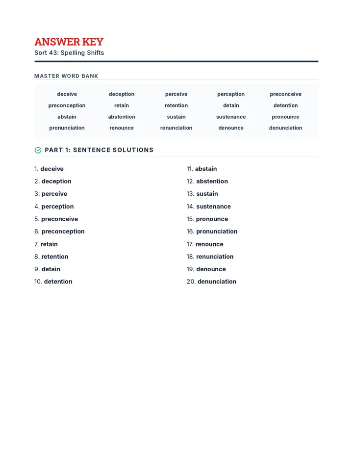 Spelling Shifts Answer Key
