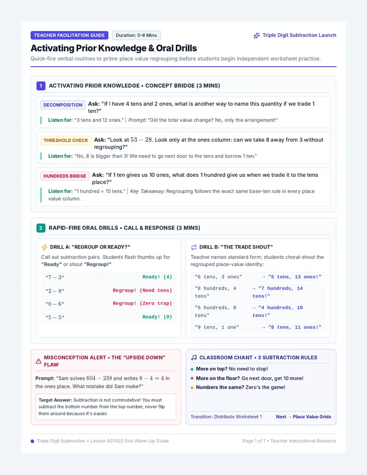 Subtraction Warmup Teacher Guide