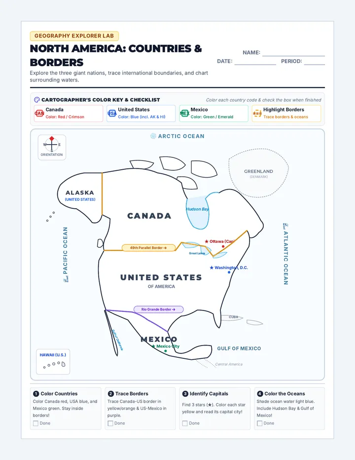 North America Coloring Map Worksheet