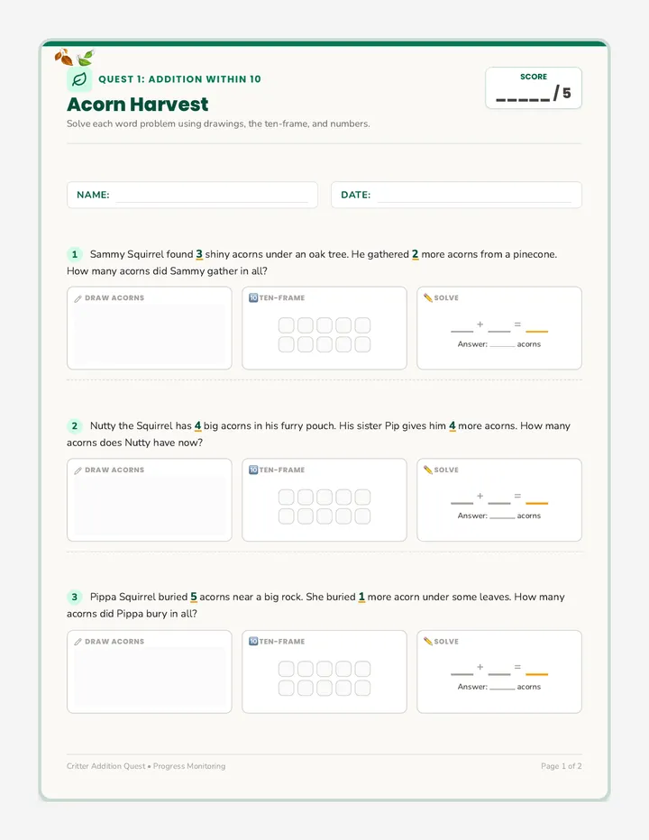 Acorn Harvest Worksheet