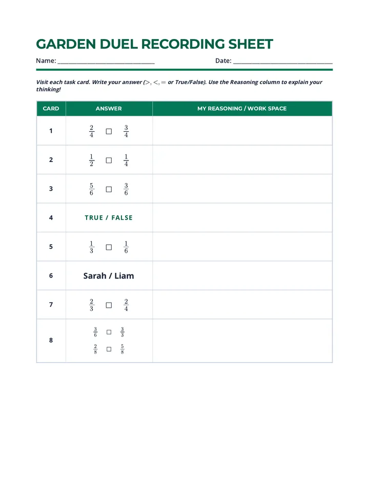 Garden Duel Recording Sheet