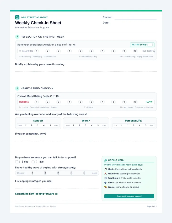 Oak Street Weekly Check-In Sheet
