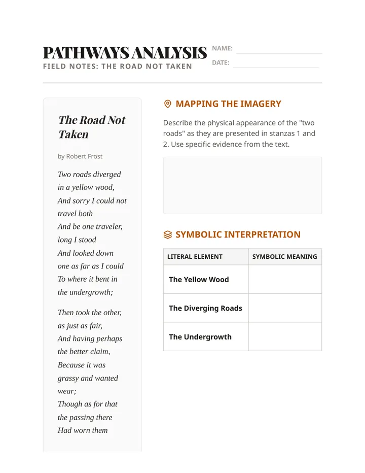 Road Not Taken Analysis Worksheet