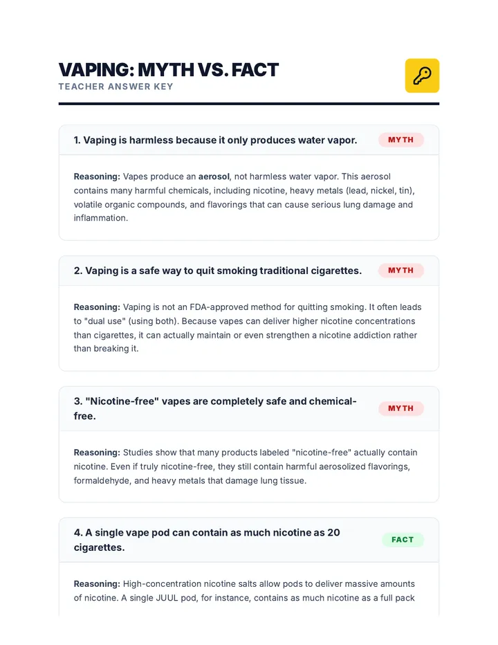 Vaping Myth Fact Answer Key