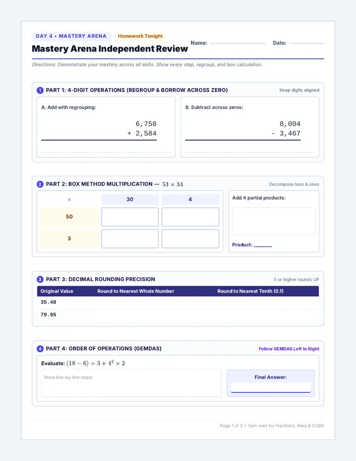 Mastery Arena Independent Worksheet