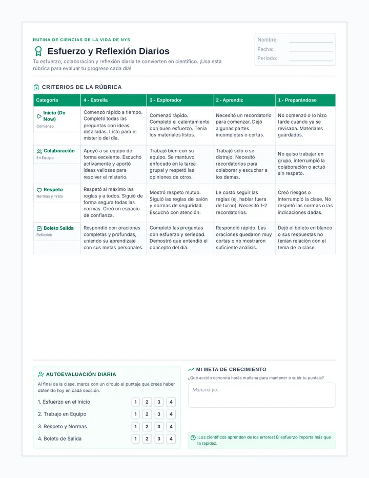 Daily Effort Rubric Spanish