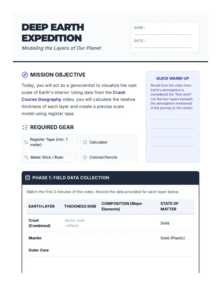 Deep Earth Expedition Lab Sheet