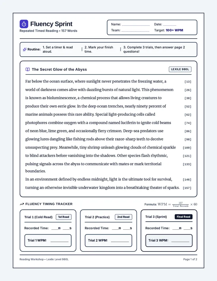 Fluency Sprint Worksheet