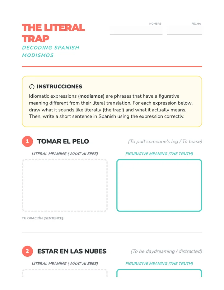 Literal Meanings Worksheet