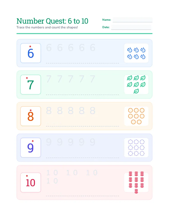 Number Trace 6 to 10 Worksheet