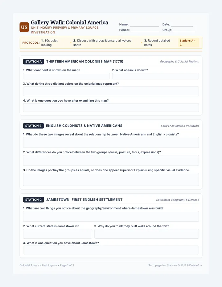 Colonial America Gallery Walk Worksheet