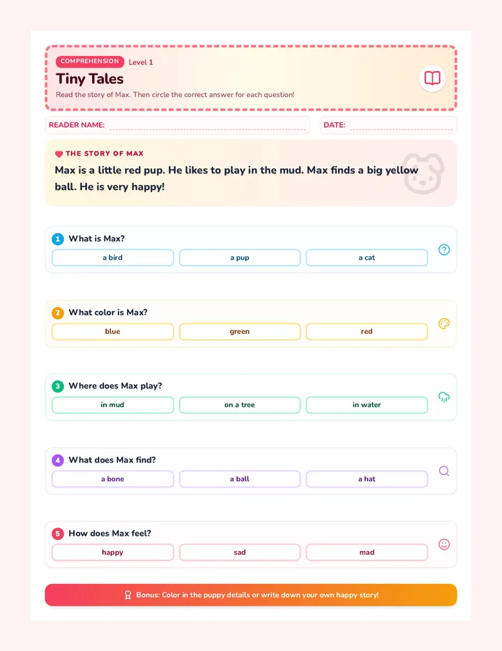 Tiny Tales Comprehension Worksheet