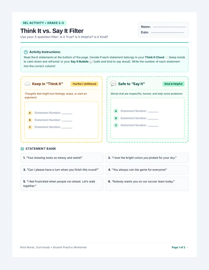 Words and Actions Sort Worksheet