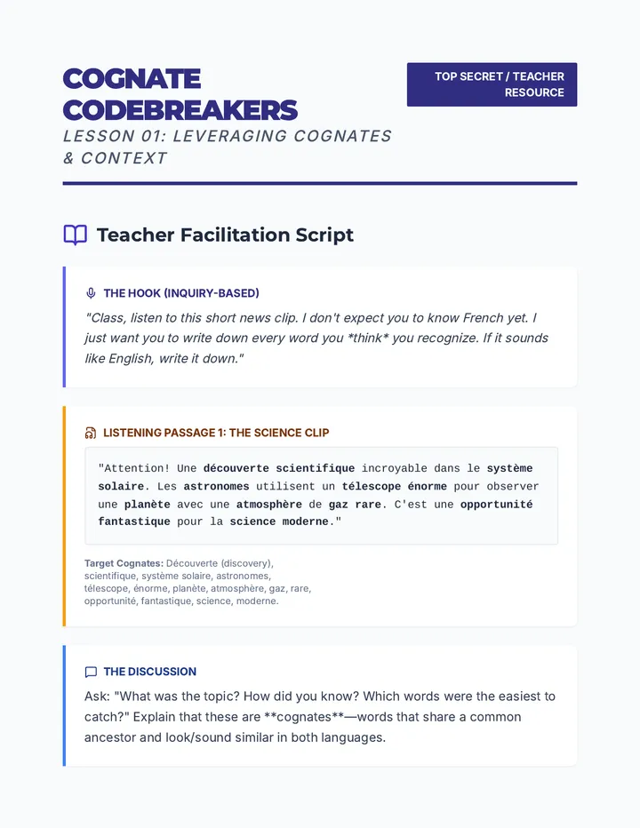 Cognate Codebreakers Teacher Guide