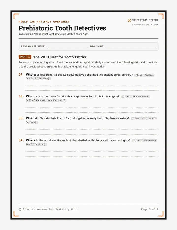 Prehistoric Tooth Detectives Worksheet