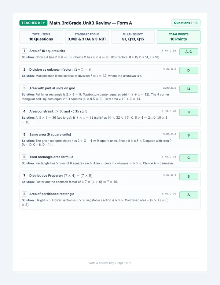 Area Mastery Key Form A