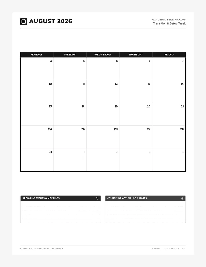 Monthly Academic Counselor Calendar