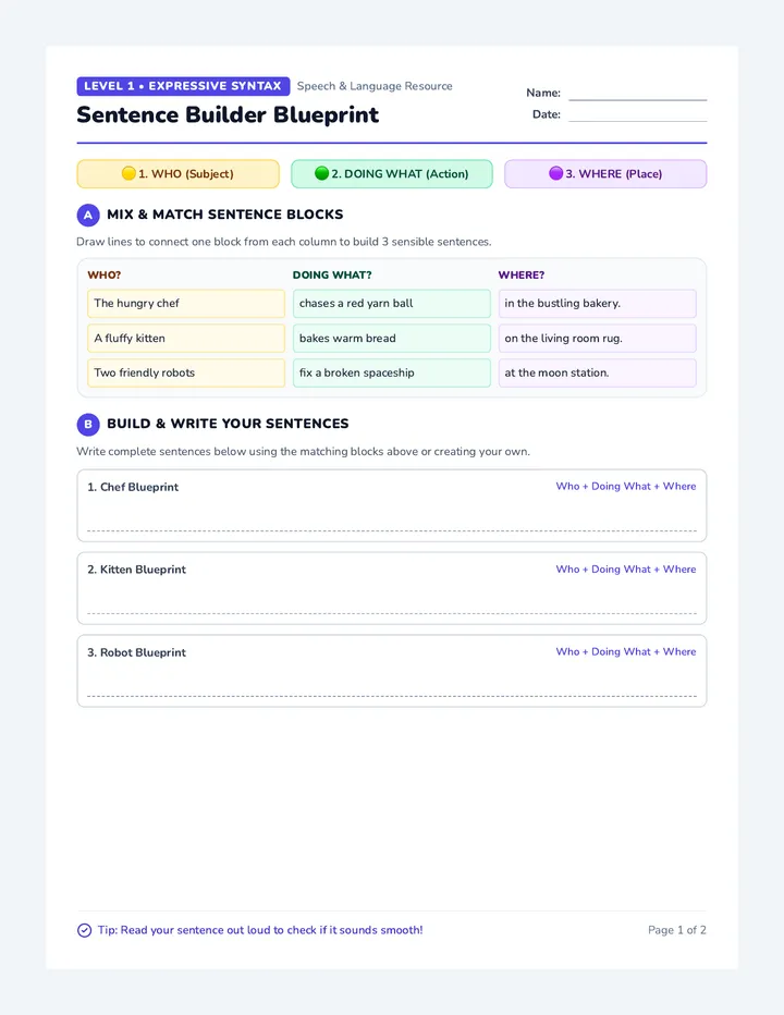 Sentence Builder Worksheet