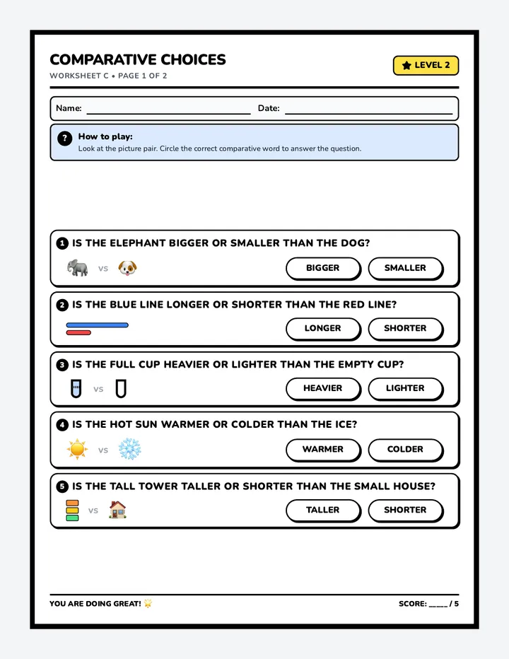 Comparative Words Worksheet A