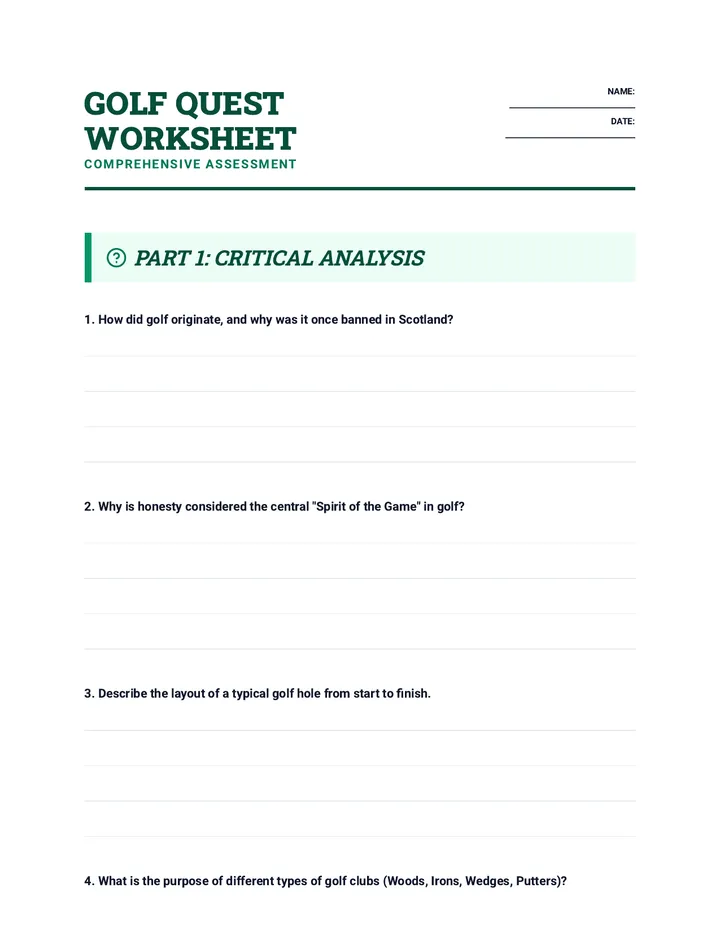 Golf Quest Worksheet