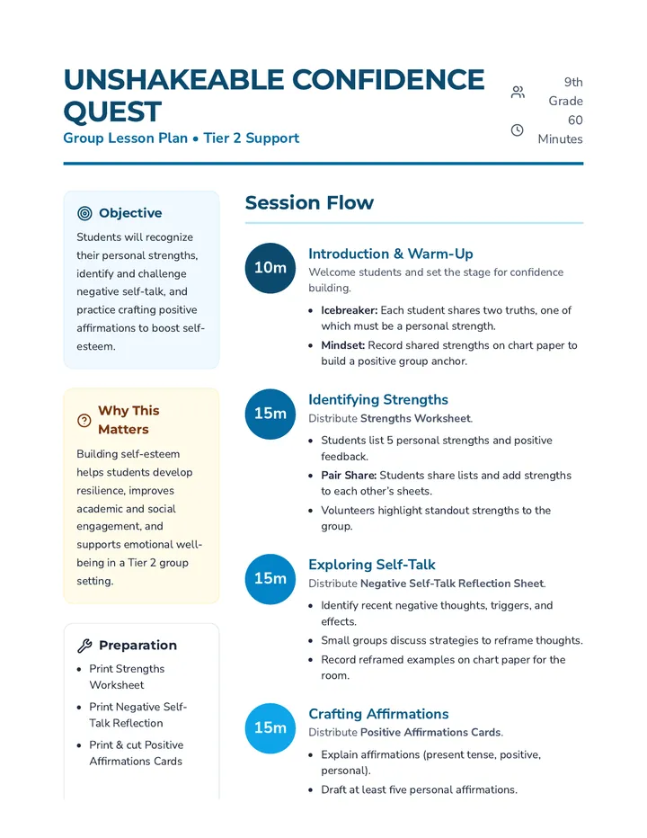 Confidence Quest Lesson Plan
