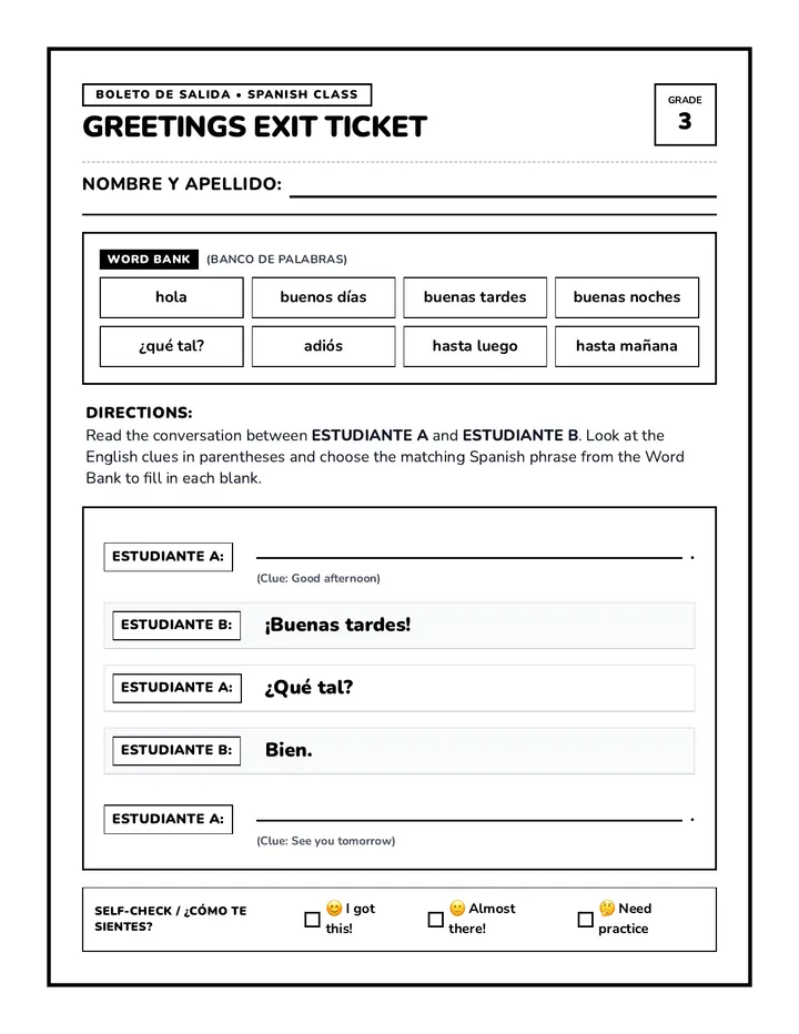 Spanish Greetings Exit Ticket