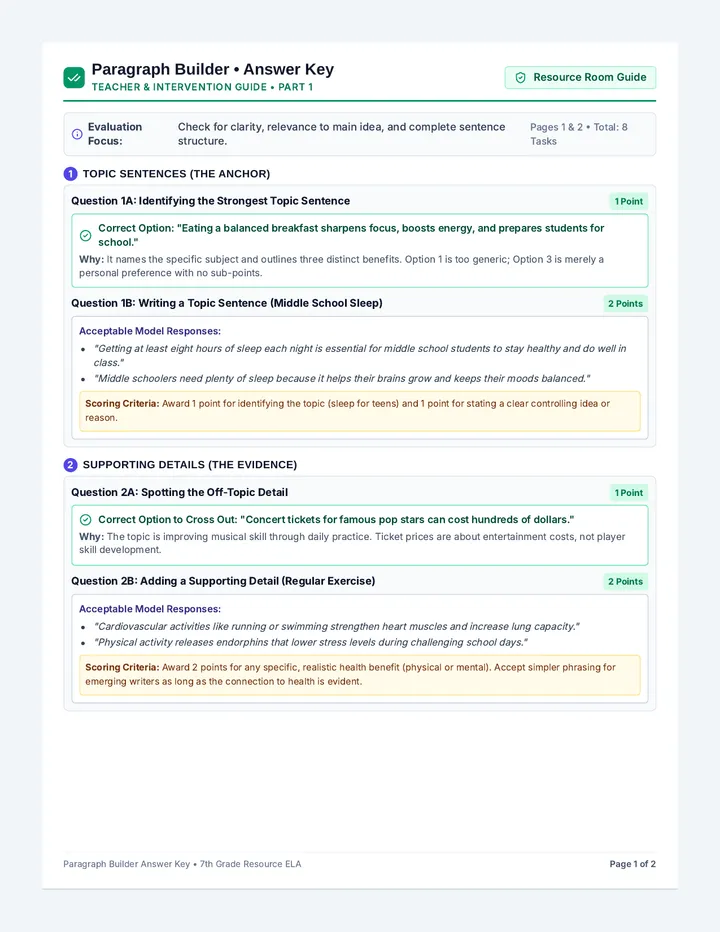 Paragraph Builder Answer Key