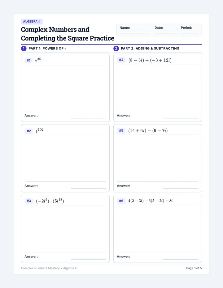 Complex Numbers and Complete Square Mastery Worksheet