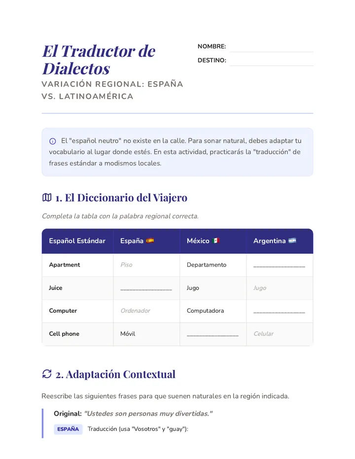 Regional Slang Worksheet