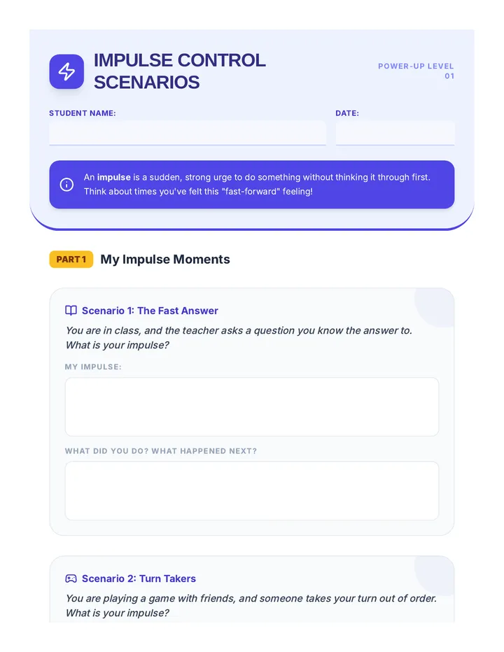 Impulse Control Scenarios Worksheet