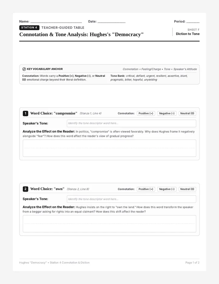 Connotation Diction Analysis Worksheet