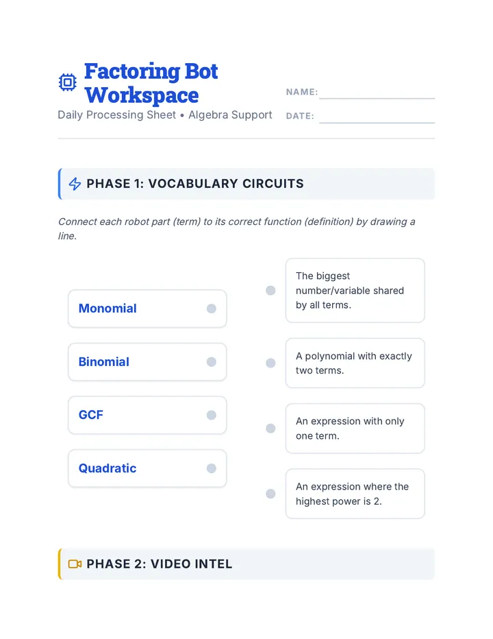 Factoring Bot Workspace Worksheet