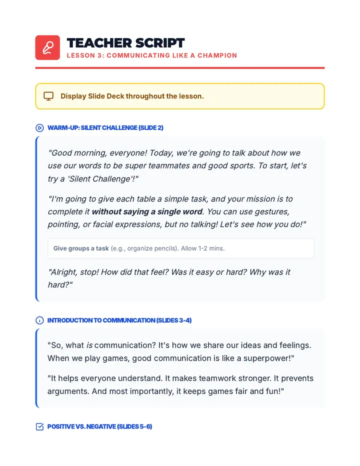 Champion Communication Script