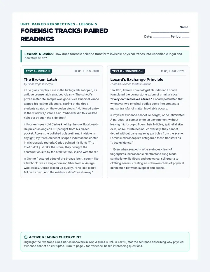Forensic Tracks Reading Worksheet