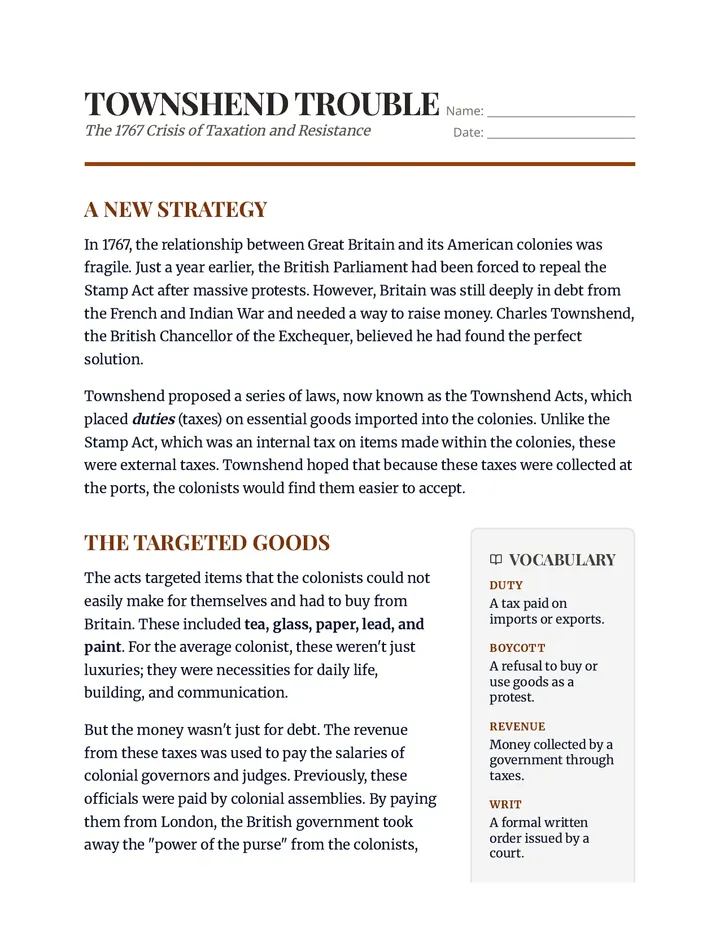 Townshend Trouble Reading Passage