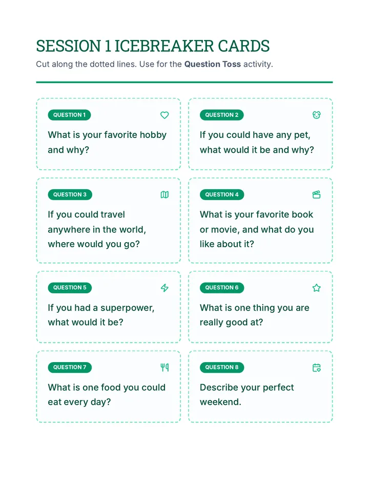 Session 1 Icebreaker Cards Worksheet