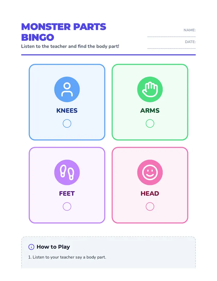 Body Part Bingo Sheet