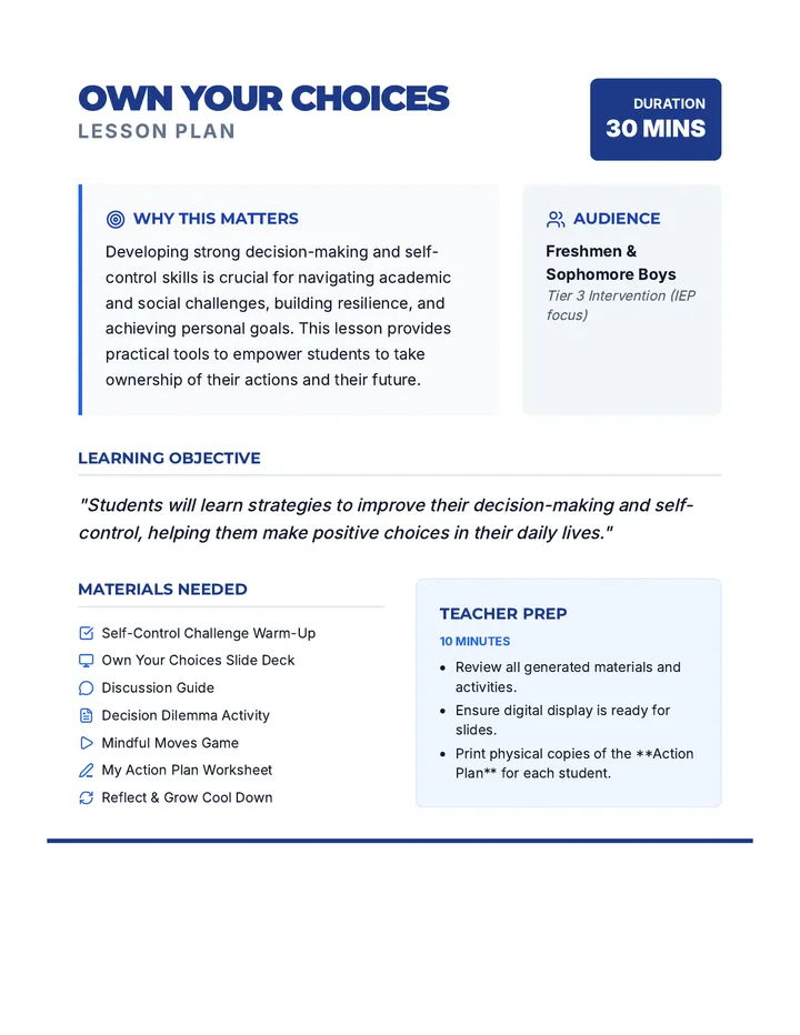 Own Your Choices Lesson Plan