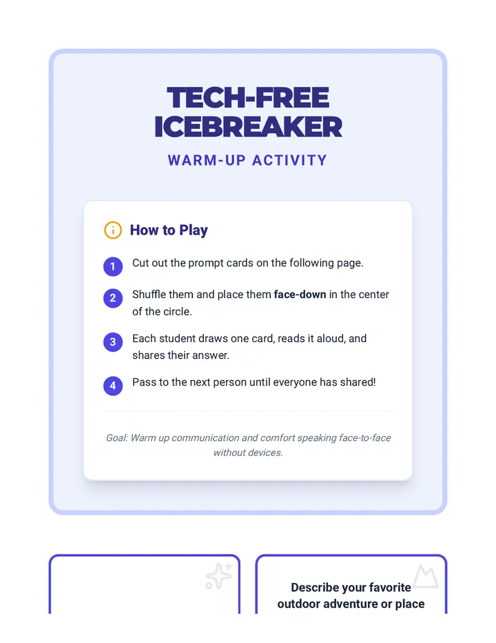 Tech-Free Icebreaker Warm Up Cards