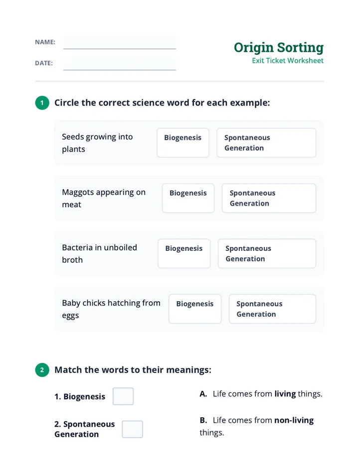 Origin Sorting Worksheet