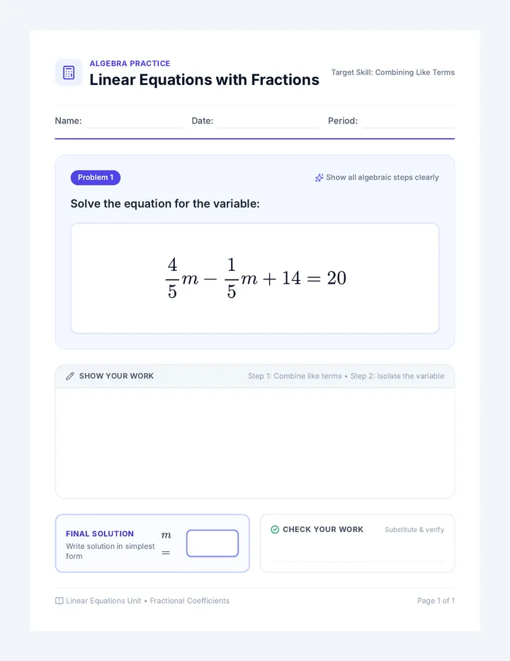Fraction Equation Problem Card