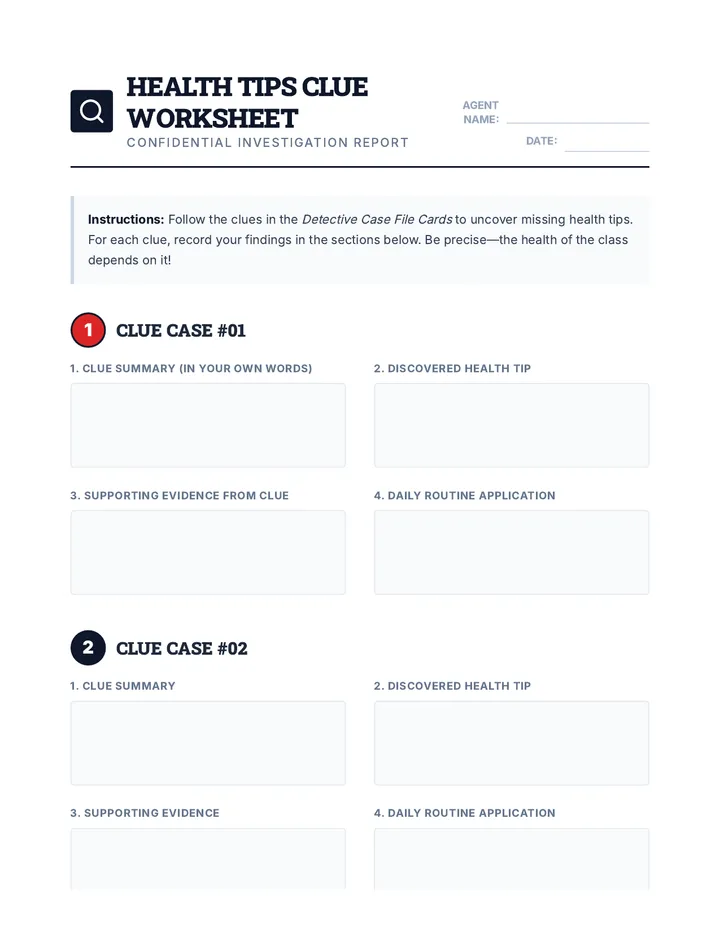 Health Tips Clue Worksheet